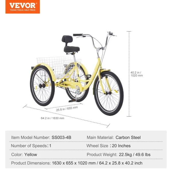 VEVOR Adult Tricycles Bike, 20 Inch Three-Wheeled Bicycles, 3 Wheel Bikes Trikes, Carbon Steel Cruiser Bike with Basket & Adjustable Seat, Picnic Shopping Tricycles for Seniors, Women, Men (Yellow) - Image 6