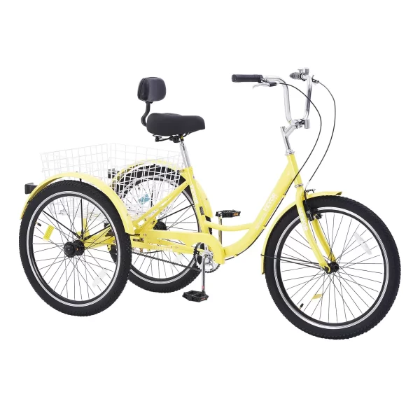 VEVOR Adult Tricycles Bike, 20 Inch Three-Wheeled Bicycles, 3 Wheel Bikes Trikes, Carbon Steel Cruiser Bike with Basket & Adjustable Seat, Picnic Shopping Tricycles for Seniors, Women, Men (Yellow) - Image 8