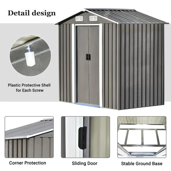 Patio 6ft x4ft Bike Shed Garden Shed, Metal Storage Shed with Adjustable Shelf and Lockable Door, Tool Cabinet with Vents and Foundation for Backyard, Lawn, Garden, Gray - Image 3