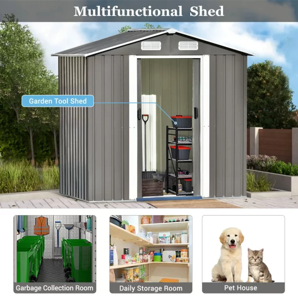 Patio 6ft x4ft Bike Shed Garden Shed, Metal Storage Shed with Adjustable Shelf and Lockable Door, Tool Cabinet with Vents and Foundation for Backyard, Lawn, Garden, Gray - Image 6